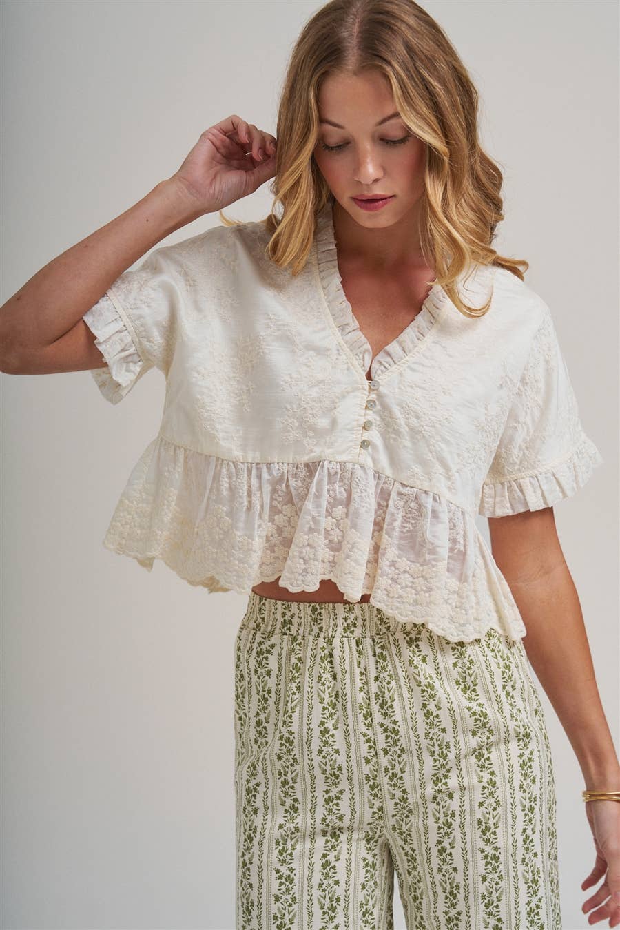EMBROIDERED LACE PEPLUM BOHO BLOUSE TOP WITH RUFFLE DETAIL