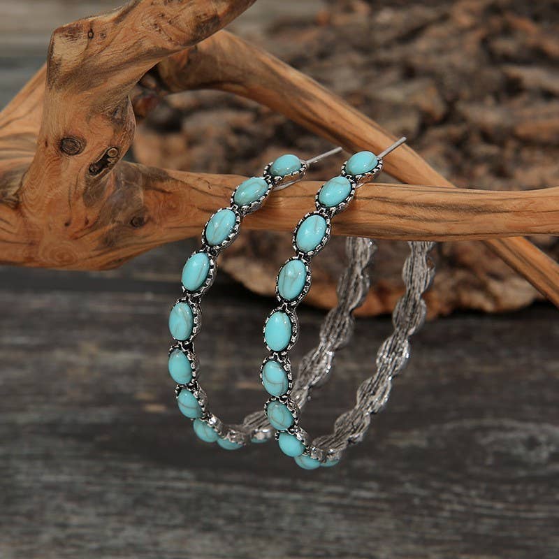WESTERN TURQ STONE HOOP EARRINGS