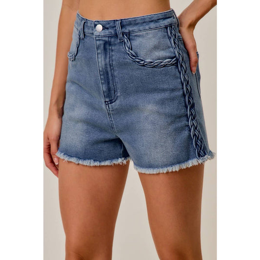 DENIM SHORTS WITH POCKET AND SIDE SEAM BRAIDS