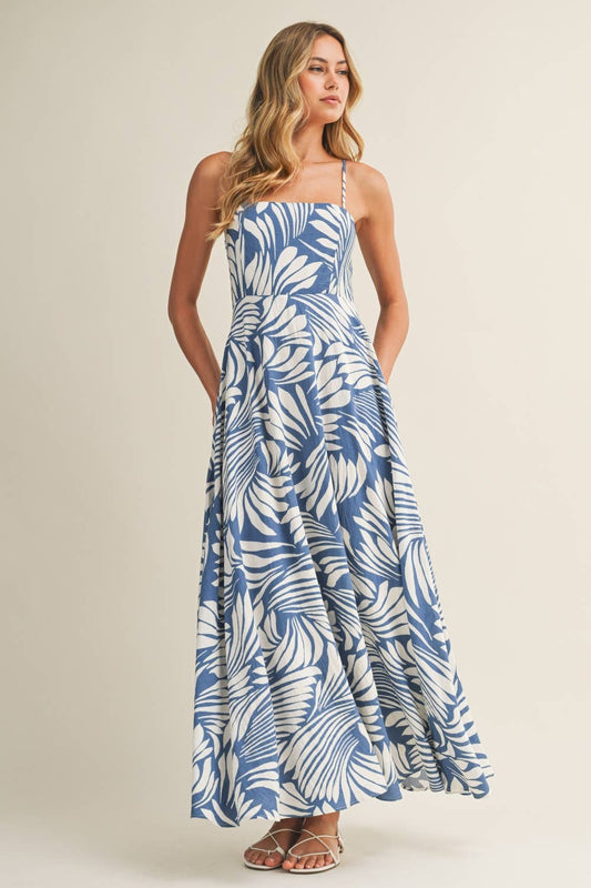 PRINTED LINEN A-LINE MIDI DRESS