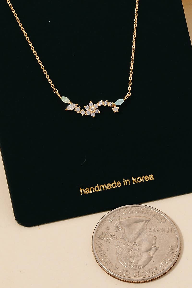 Mixed Mini Cubic Zirconia Flower Leaf Bar Pendant Necklace