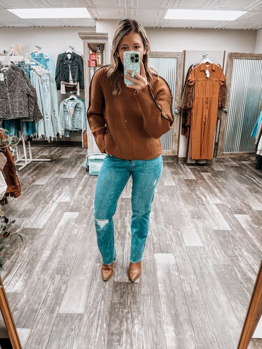 Solid High Neck Rib Knit Expose Seam Sweater