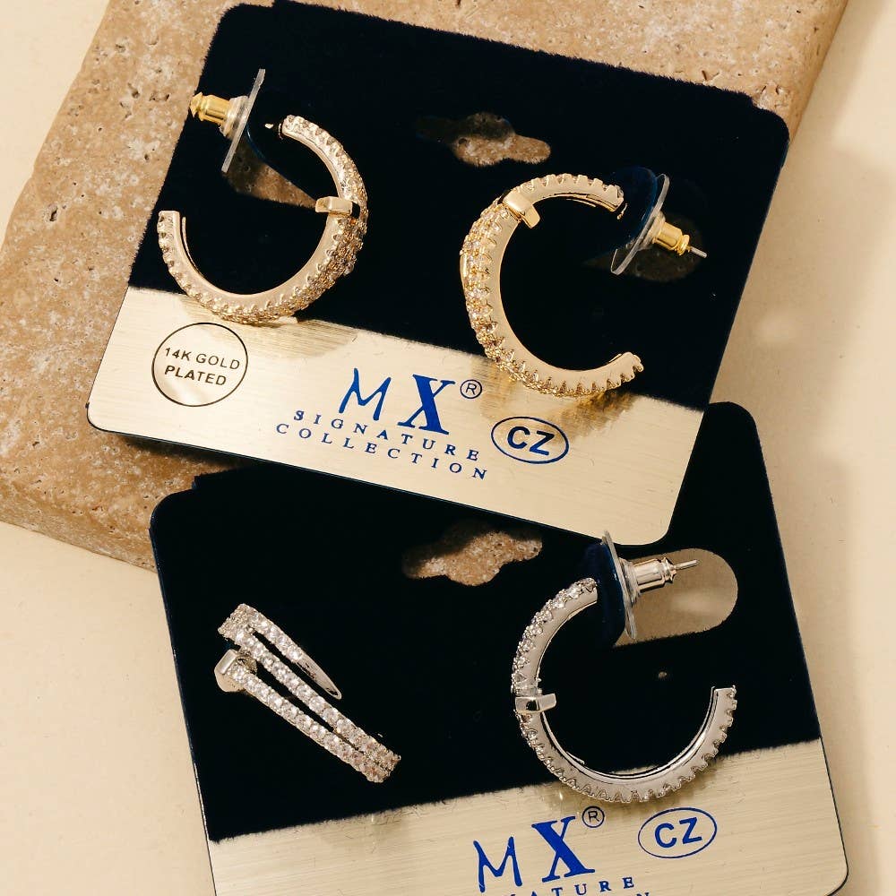 Gold Dipped Cz Pave Layered Nail Hoop Earrings