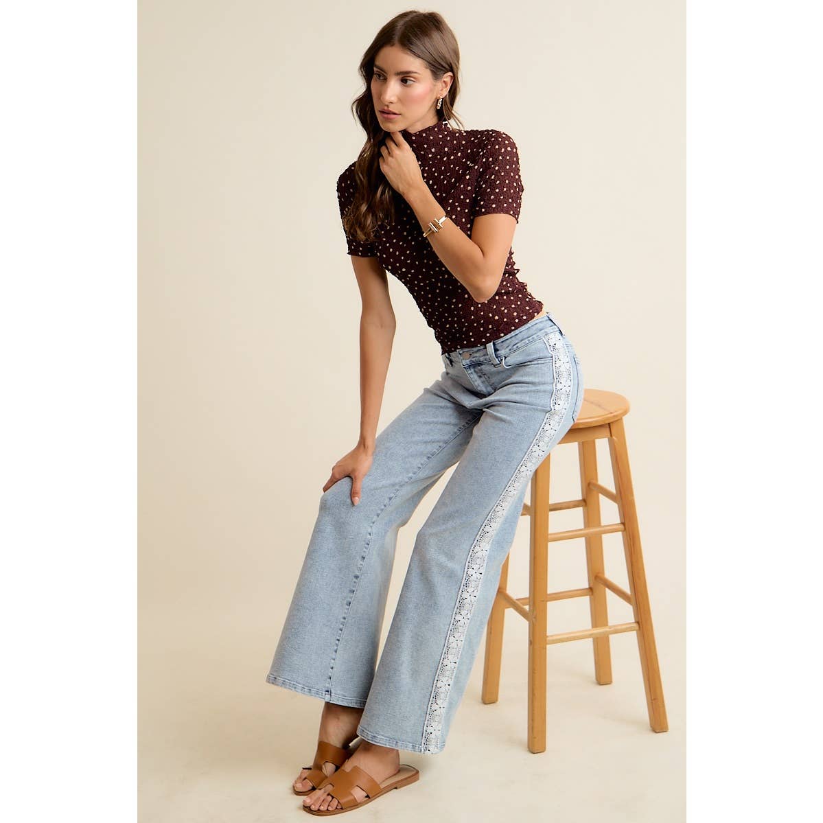 WIDE LEG FLARE DENIM JEANS WITH SIDE LACE TRIM