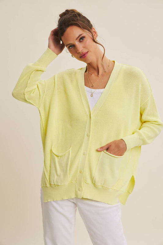 SLOUCHY CHARM BUTTON-DOWN CARDIGAN WITH CONTRAST WEAVE