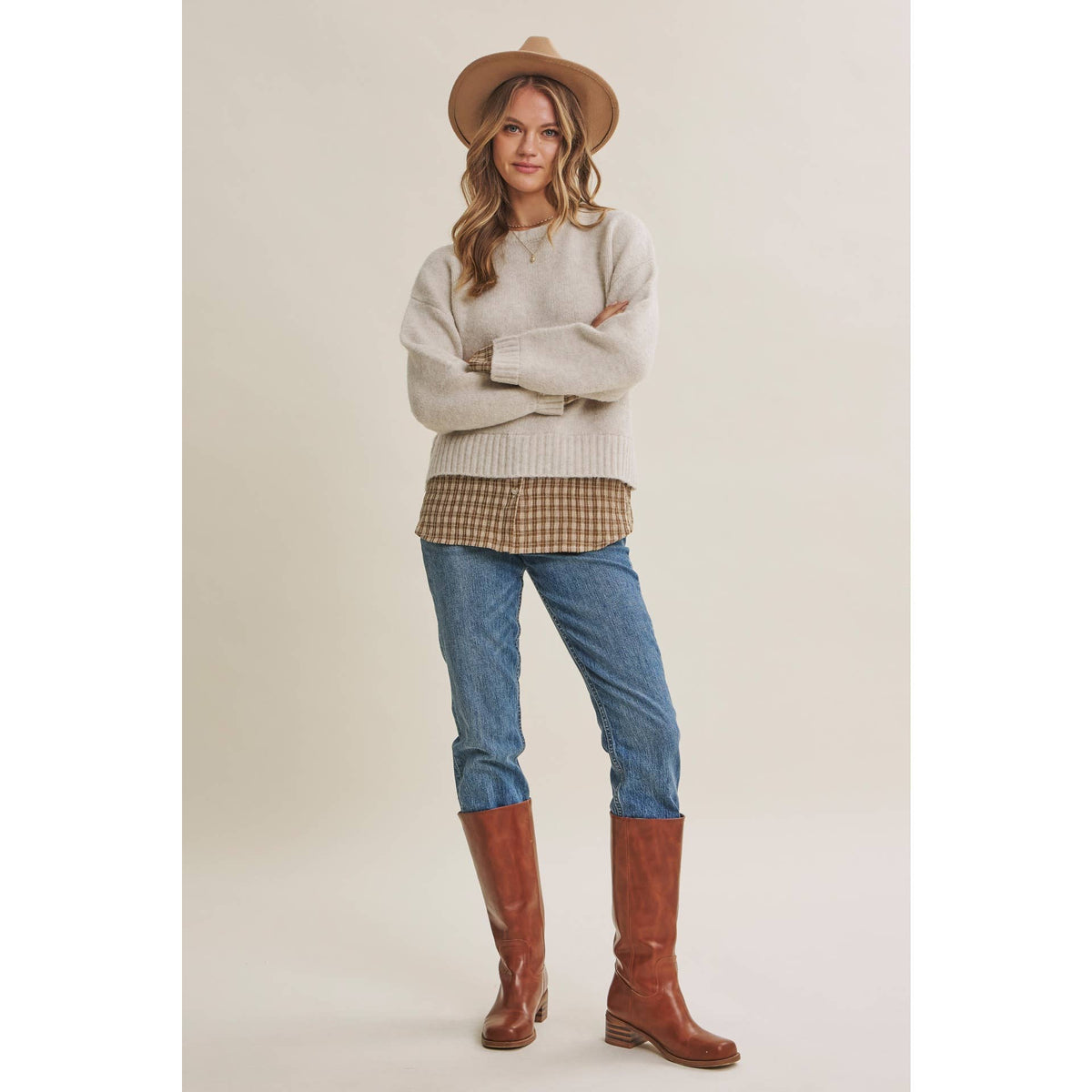 COUNTRY ROAD LAYERED PLAID HEM SWEATER TOP