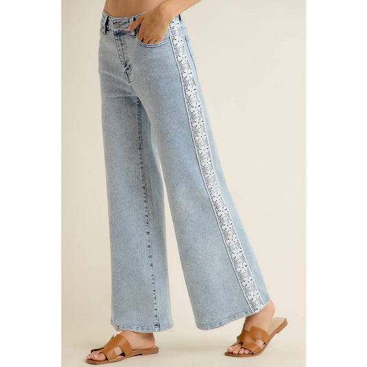 WIDE LEG FLARE DENIM JEANS WITH SIDE LACE TRIM
