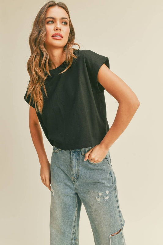 ROUND NECK CUFFED SLEEVE TOP