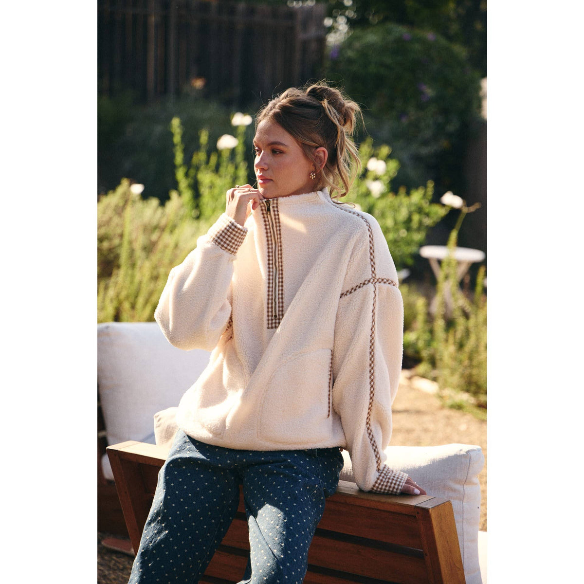 GINGHAM TRIM SHERPA FLEECE HALF-ZIP PULLOVER