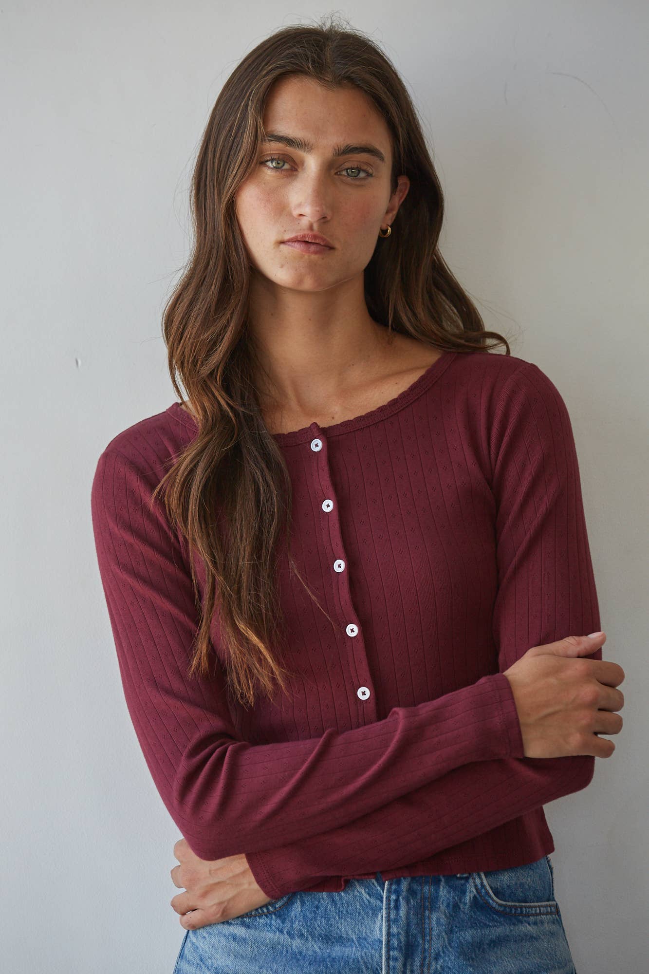 Knit Cotton Pointelle Button Down Cardigan