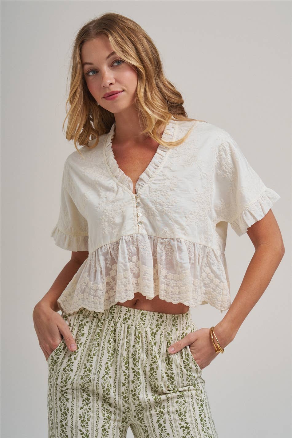 EMBROIDERED LACE PEPLUM BOHO BLOUSE TOP WITH RUFFLE DETAIL
