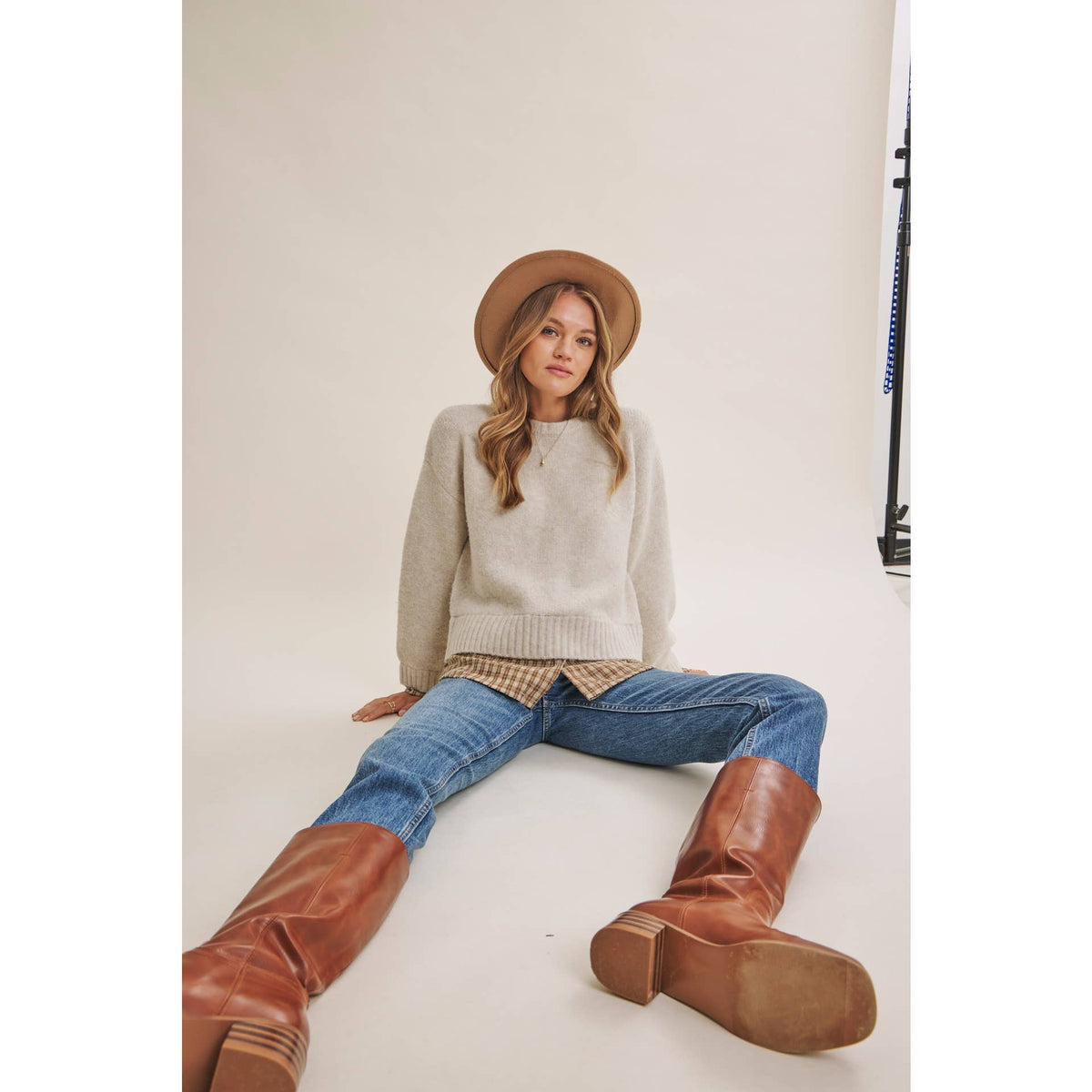 COUNTRY ROAD LAYERED PLAID HEM SWEATER TOP