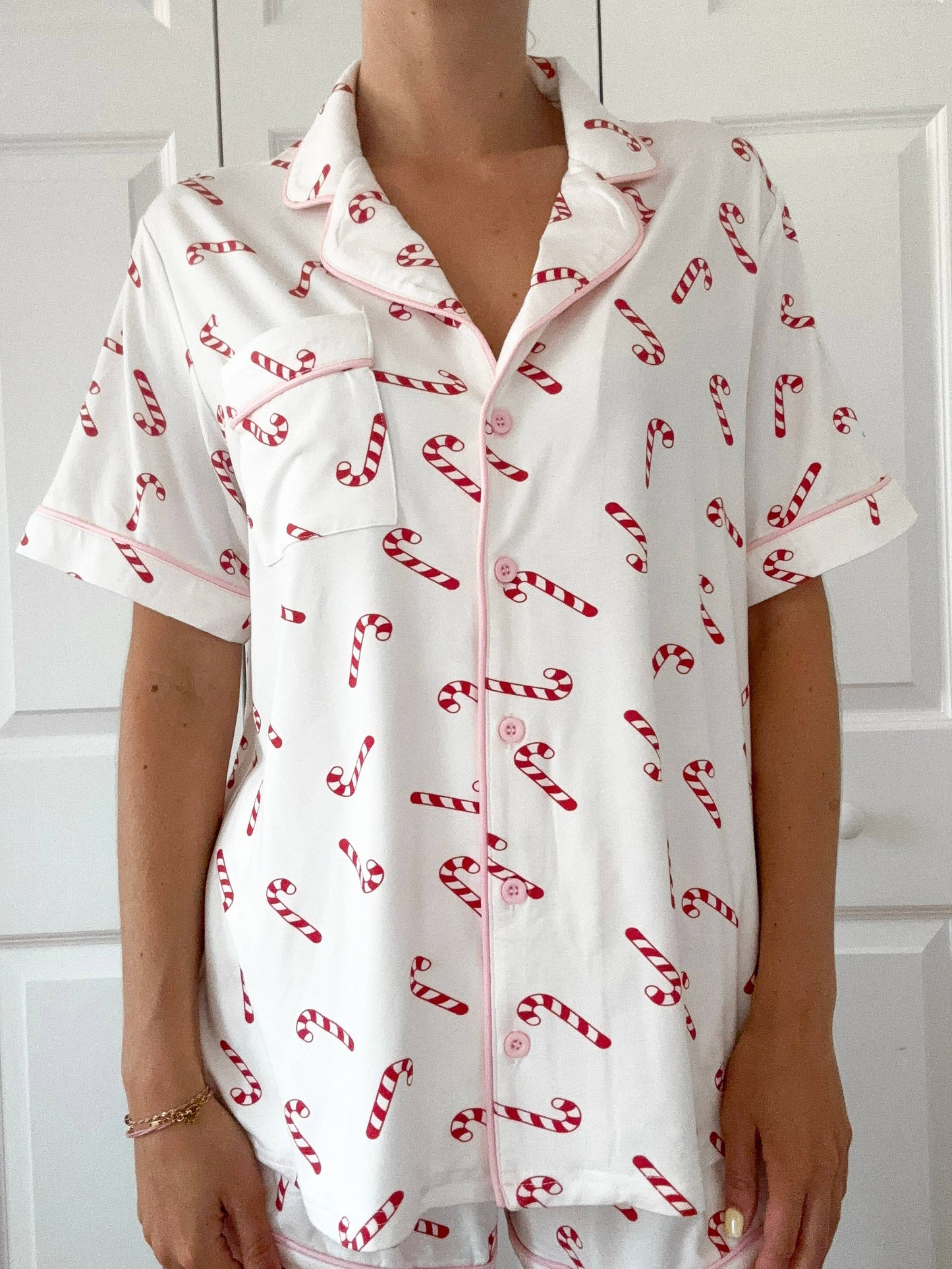 Candy Cane Holiday Christmas Short Sleeve Button Up Pajama Top