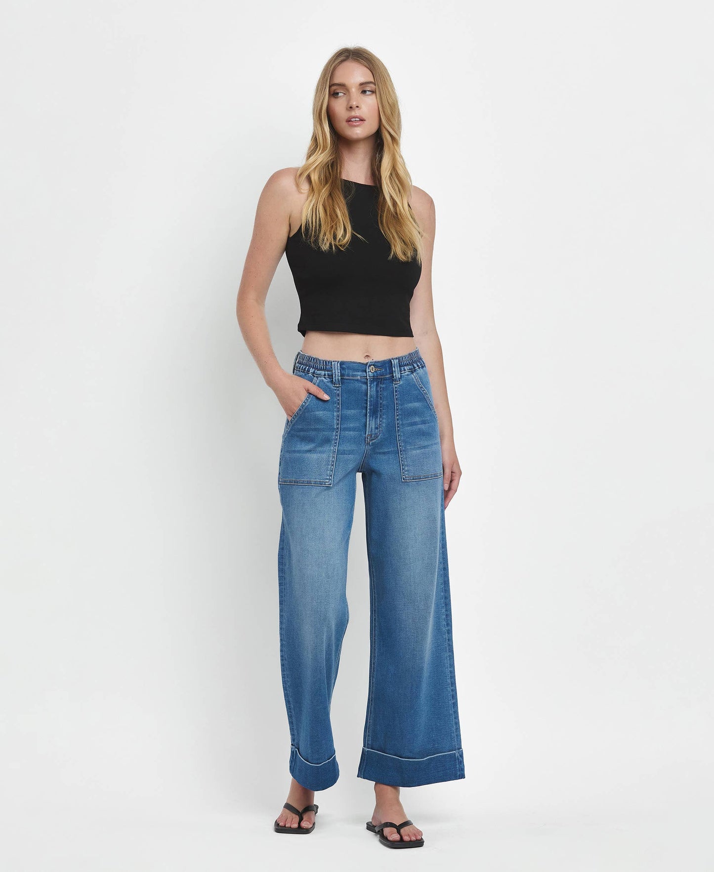 HIGH RISE DOUBLE CUFFED BAGGY WIDE JEANS