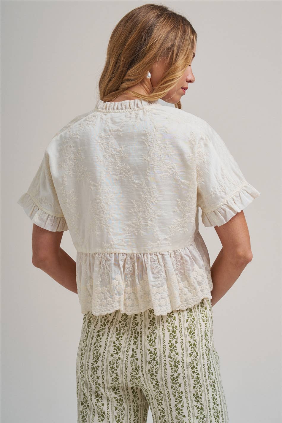 EMBROIDERED LACE PEPLUM BOHO BLOUSE TOP WITH RUFFLE DETAIL