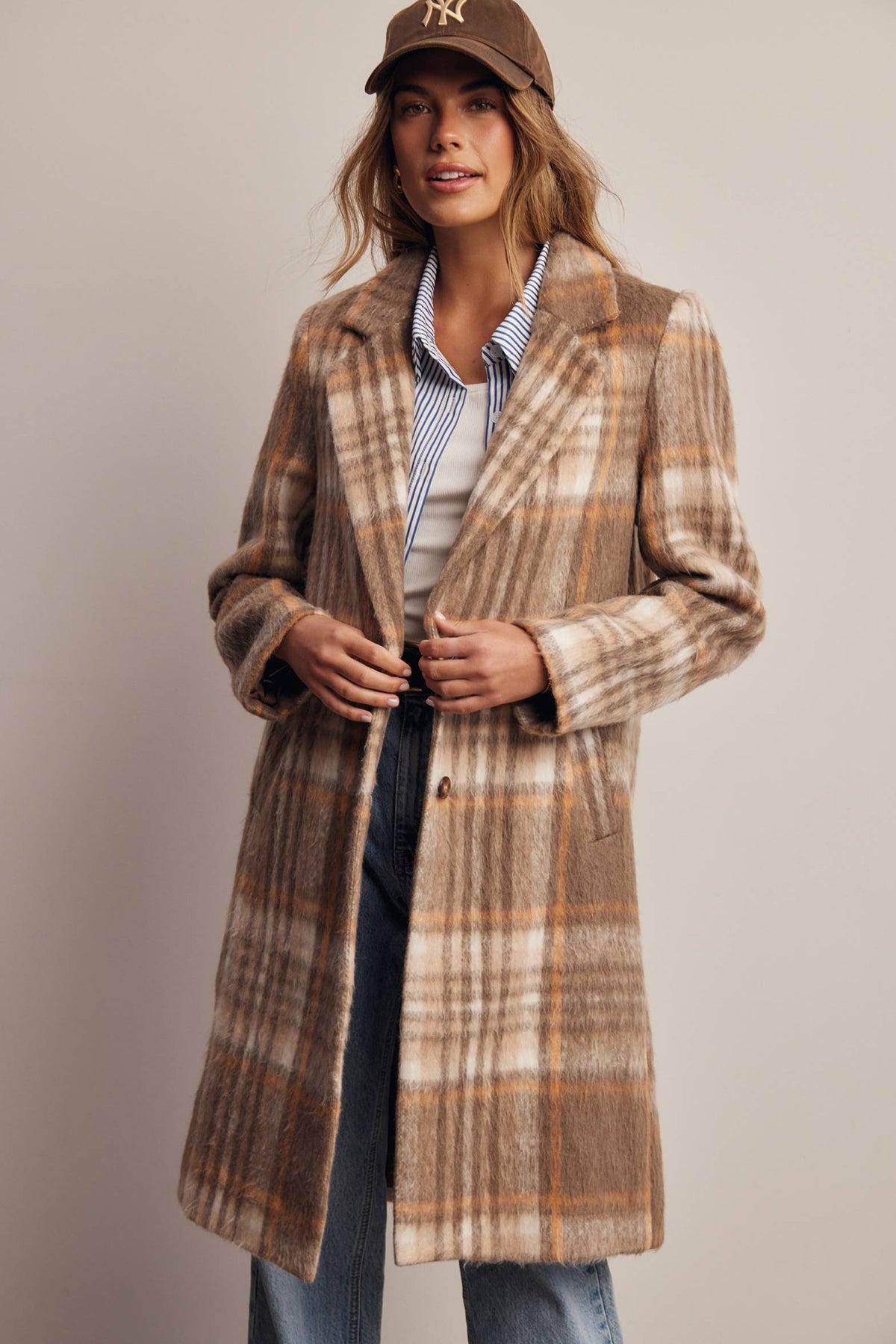 Plaid Brushed Long Coat