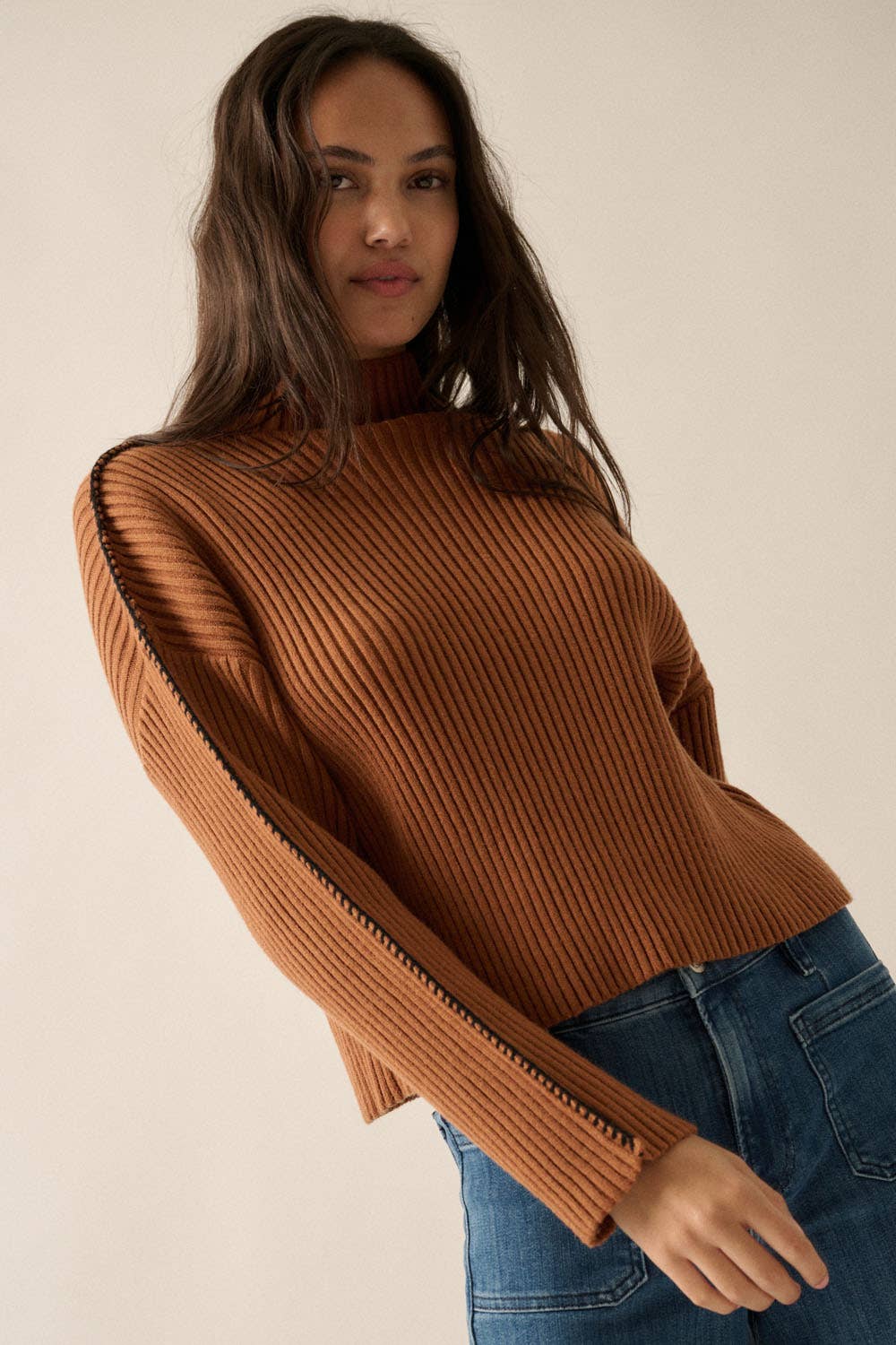 Solid High Neck Rib Knit Expose Seam Sweater