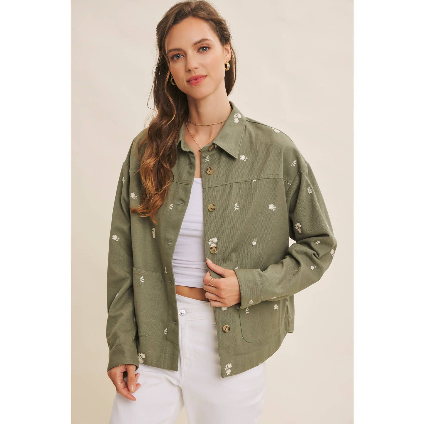 EMBOIDERY COTTON TWILL OVERSIZED UTILITY JACKET