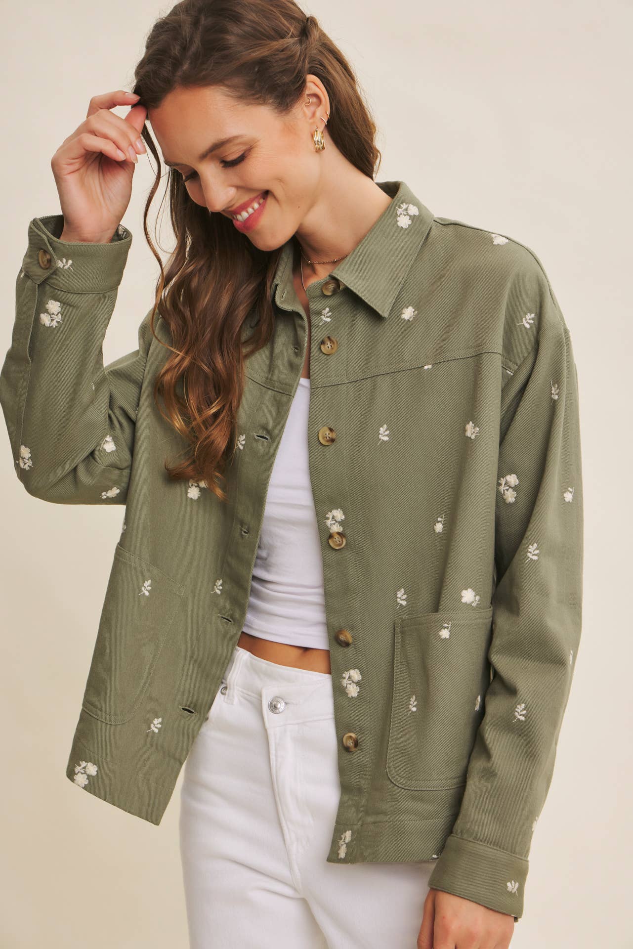 EMBOIDERY COTTON TWILL OVERSIZED UTILITY JACKET