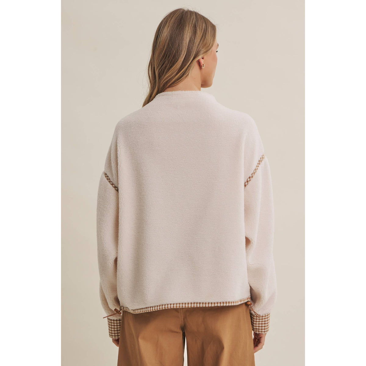 GINGHAM TRIM SHERPA FLEECE HALF-ZIP PULLOVER