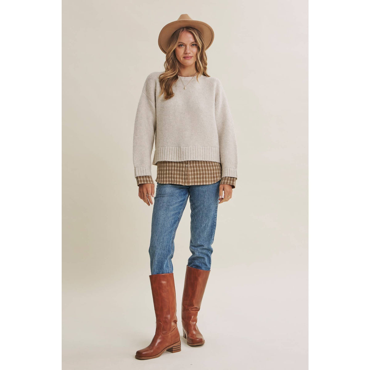 COUNTRY ROAD LAYERED PLAID HEM SWEATER TOP