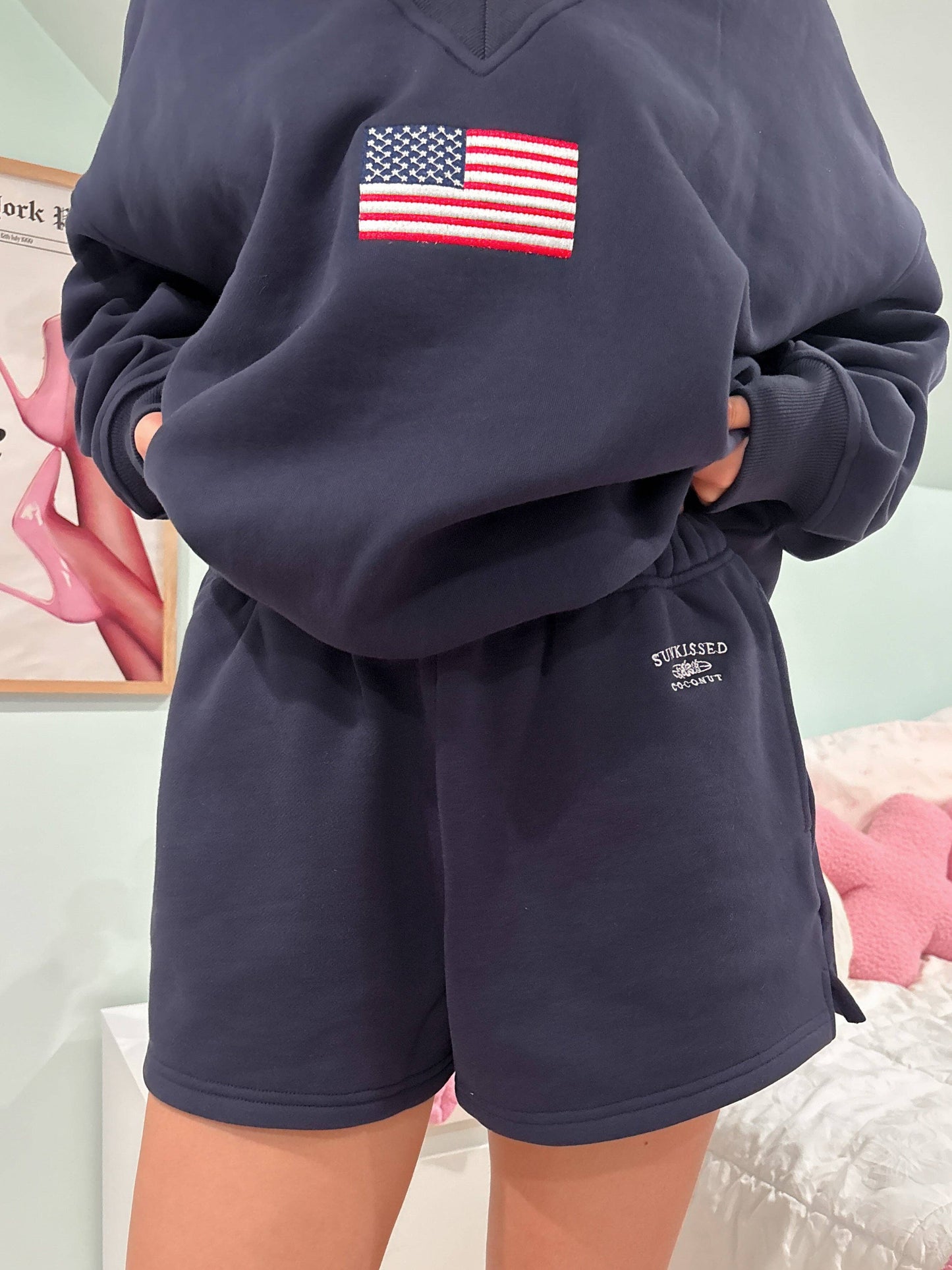 Navy Blue Embroidered Sweat Shorts 100% Cotton