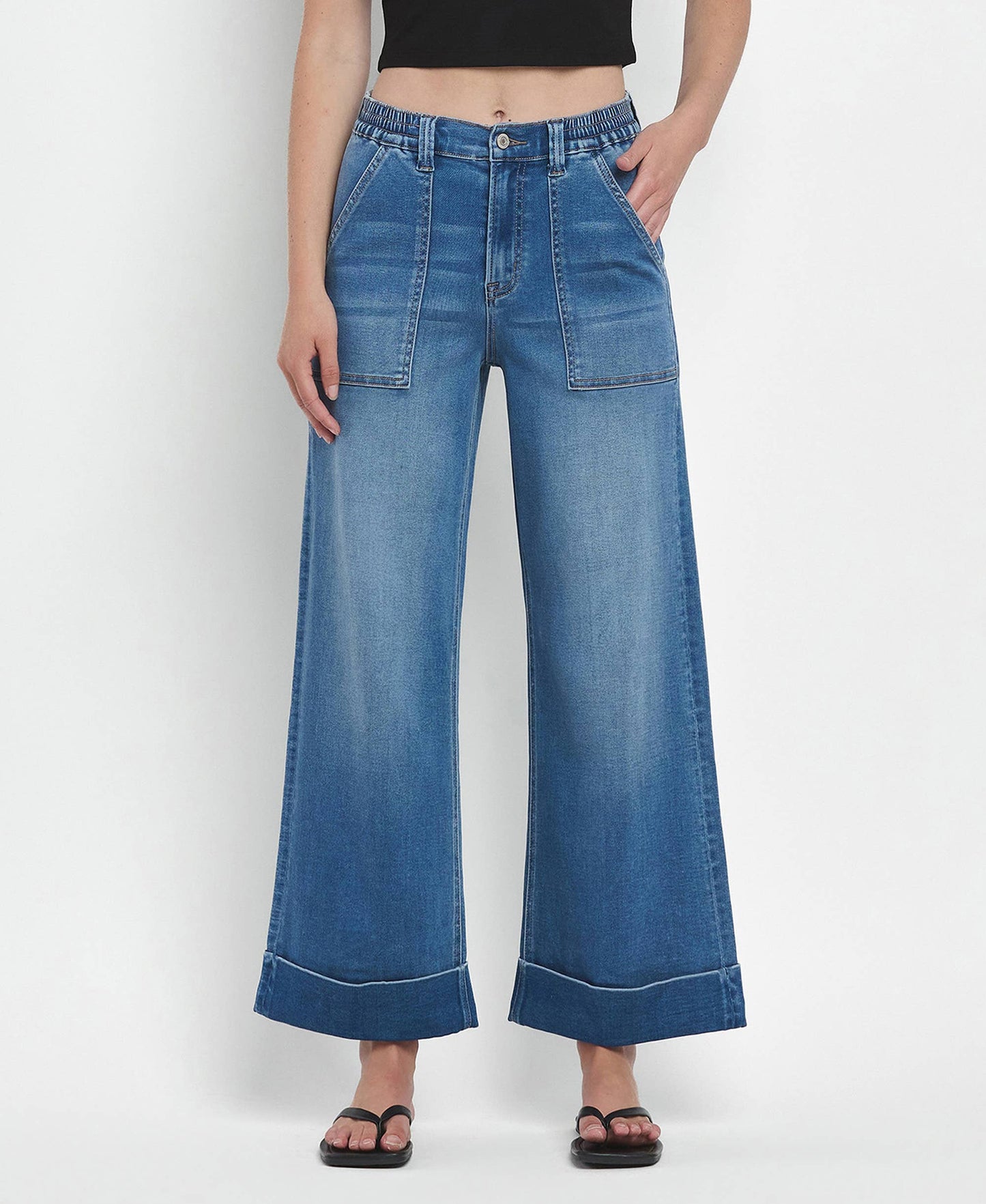 HIGH RISE DOUBLE CUFFED BAGGY WIDE JEANS
