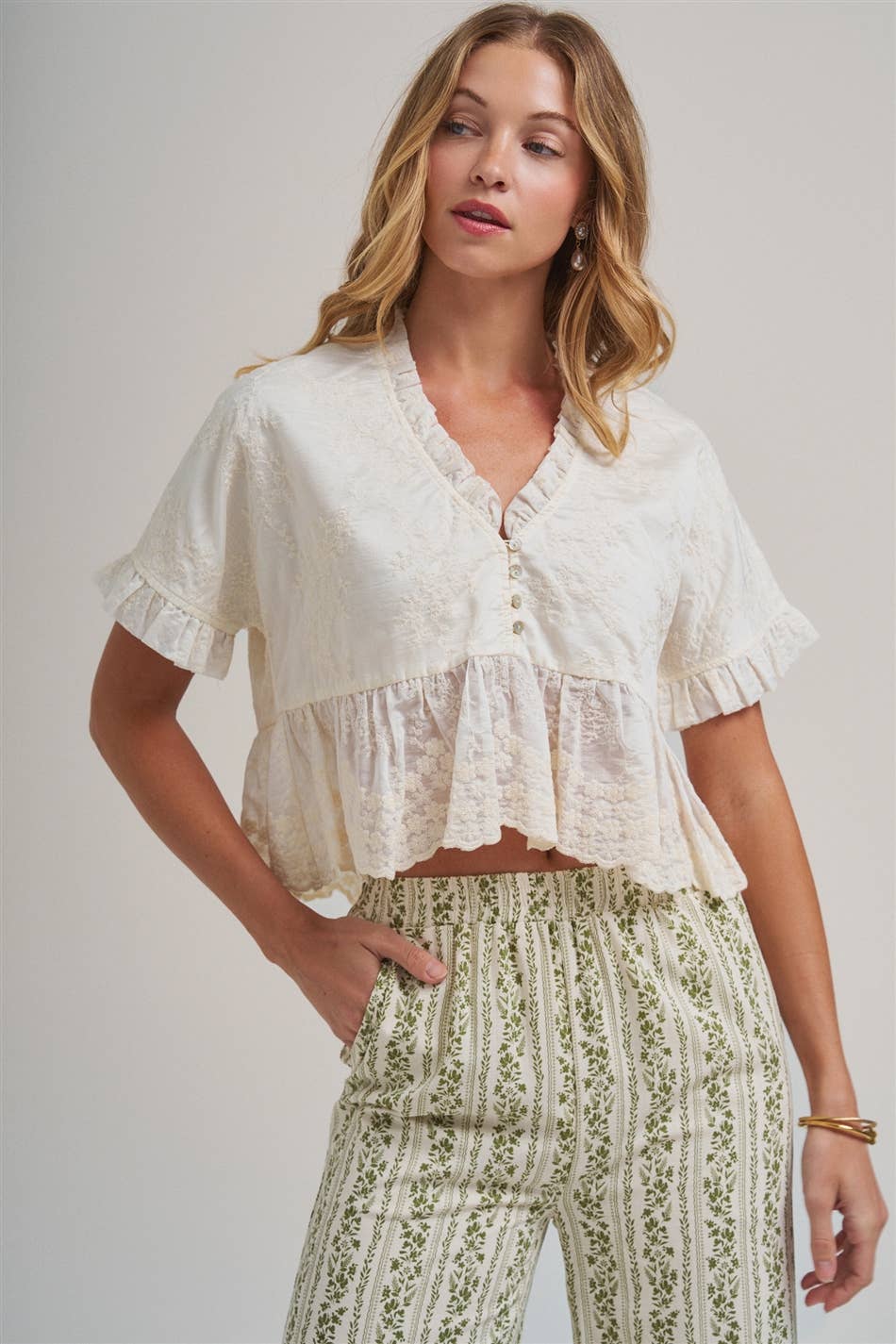 EMBROIDERED LACE PEPLUM BOHO BLOUSE TOP WITH RUFFLE DETAIL