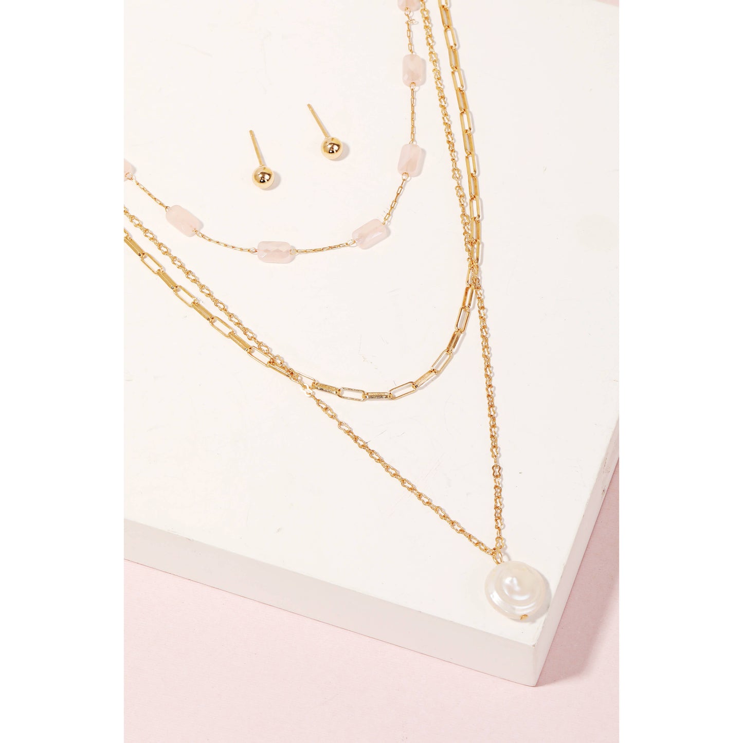 Pearly Disc Layered Chain Necklace Set