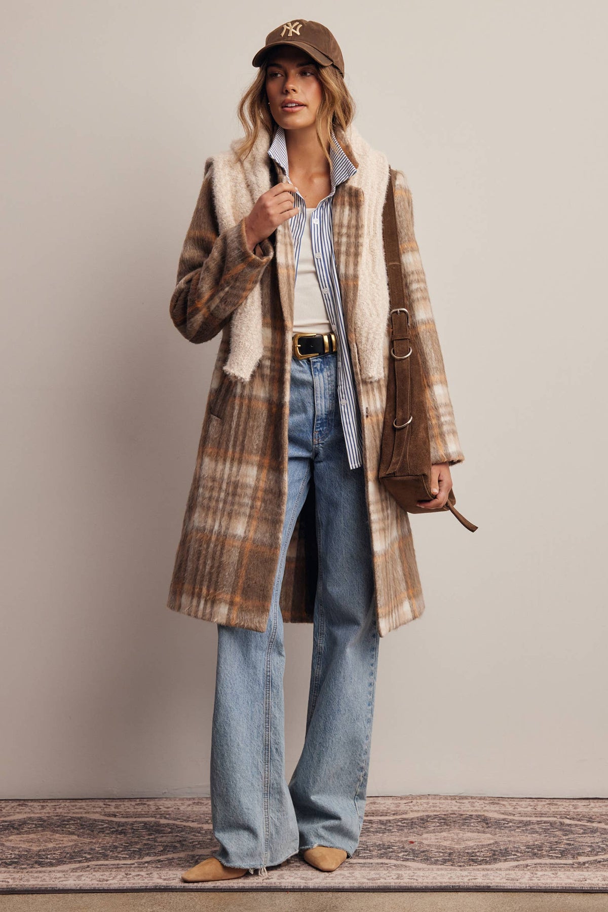 Plaid Brushed Long Coat