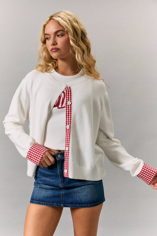 GINGHAM DETAIL KNIT SWEATER CARDIGAN