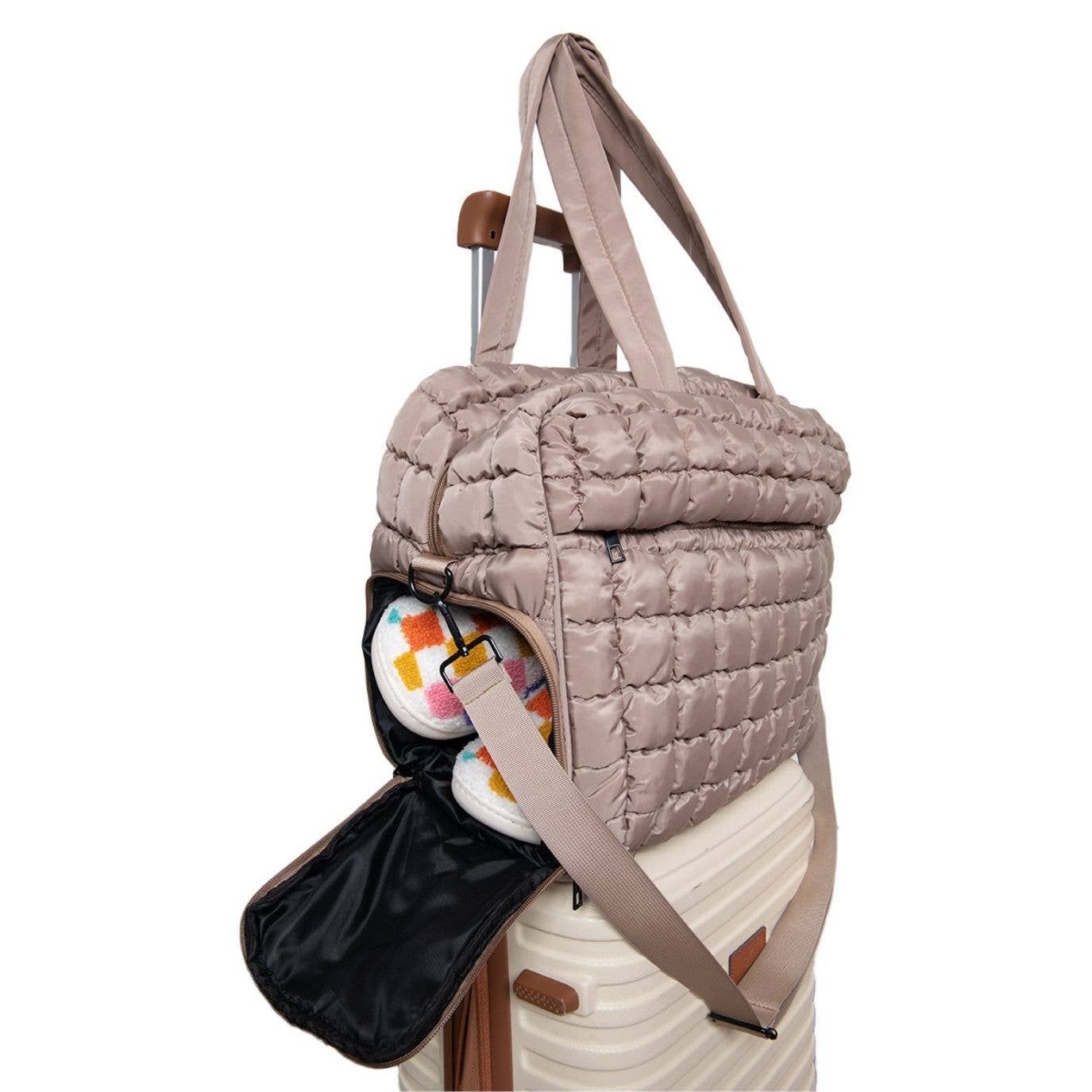 Tan Quilted Duffel Weekender Bag w/ Pass-Thru Slip