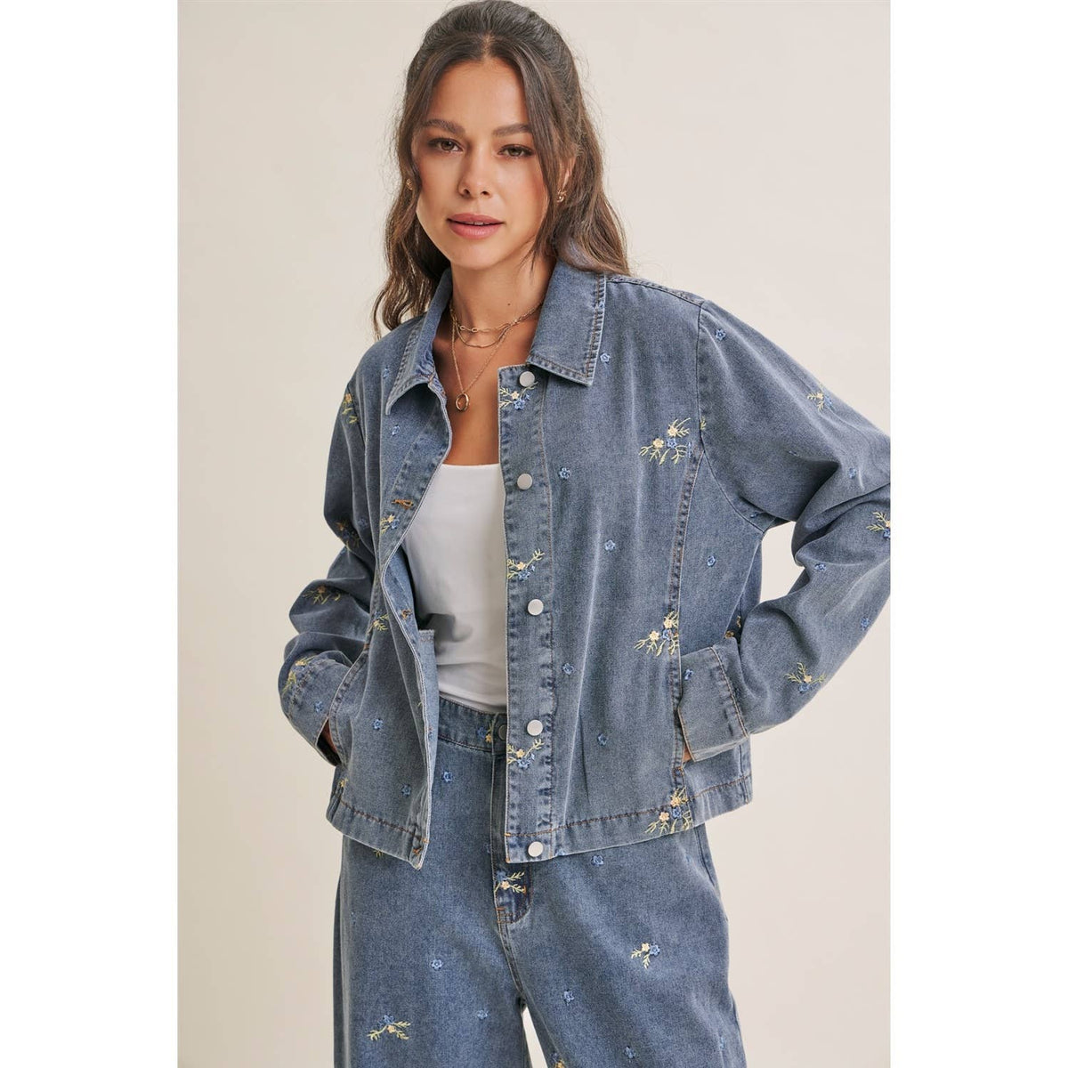 SUNDAY WILDFLOWERS EASY FIT EMBROIDERED DENIM JACKET