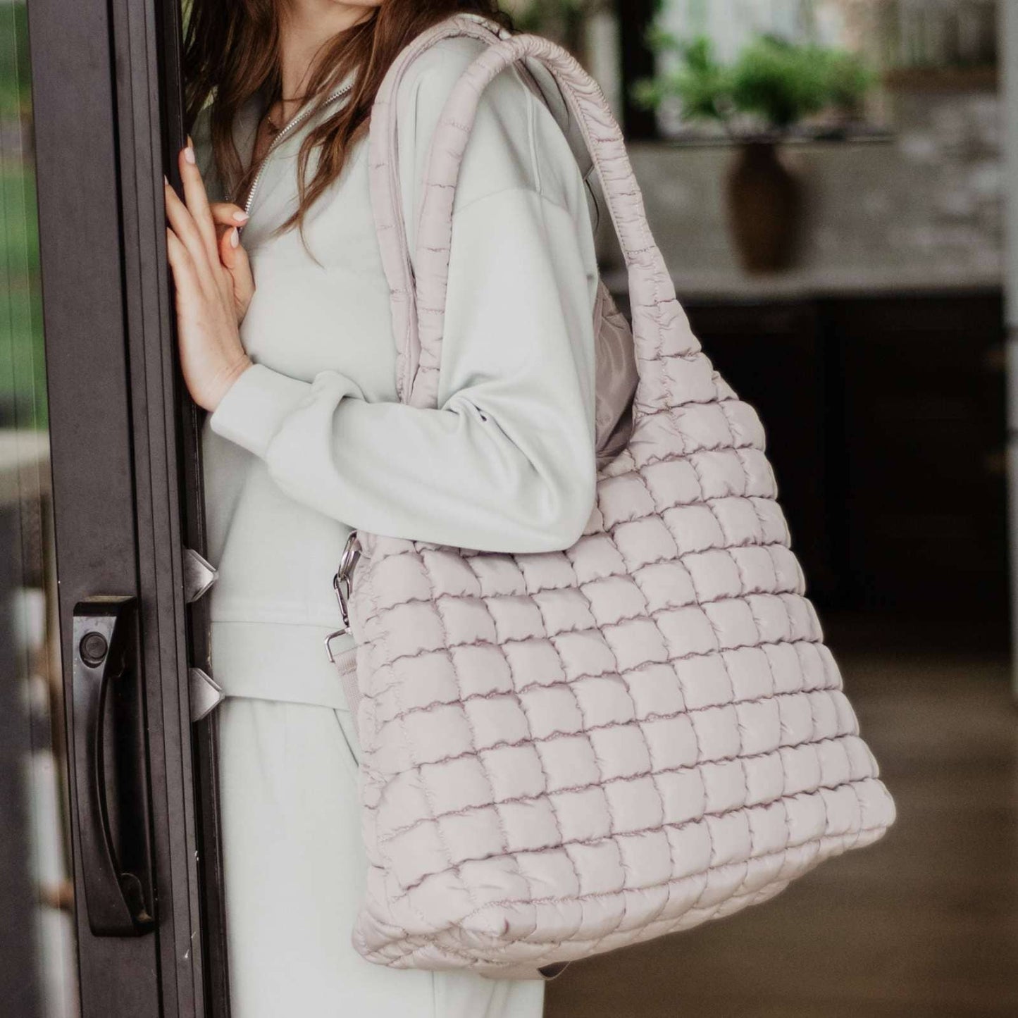 Sand Rectangular Quilted Puffer Tote