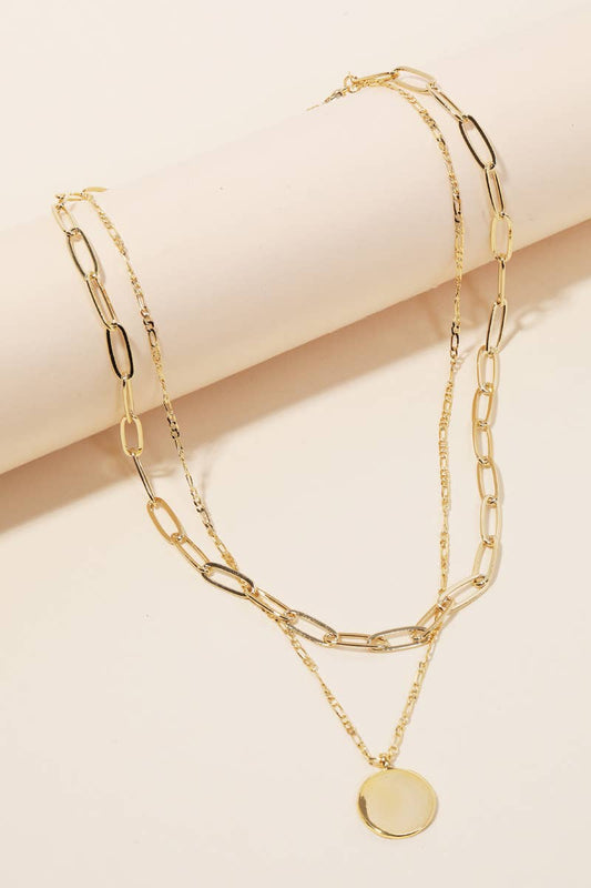 Layered Chain Circle Disc Pendant Necklace