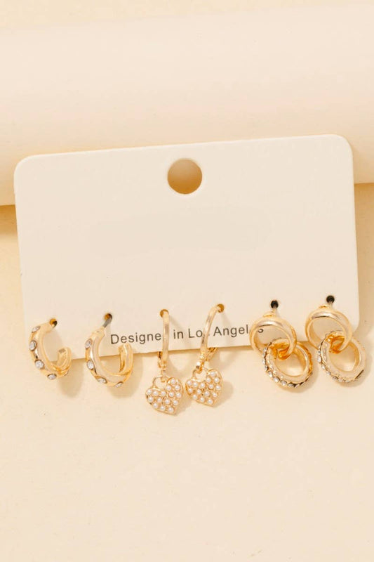 Pave Heart Stud And Hoop Earrings Set