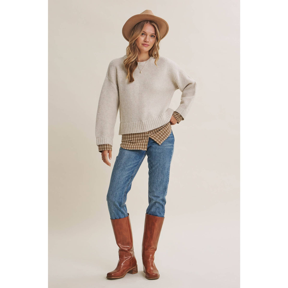 COUNTRY ROAD LAYERED PLAID HEM SWEATER TOP