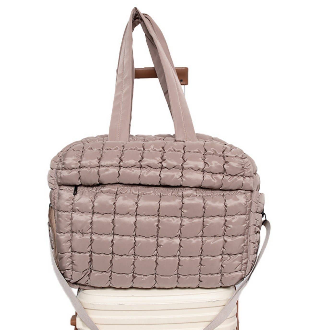 Tan Quilted Duffel Weekender Bag w/ Pass-Thru Slip