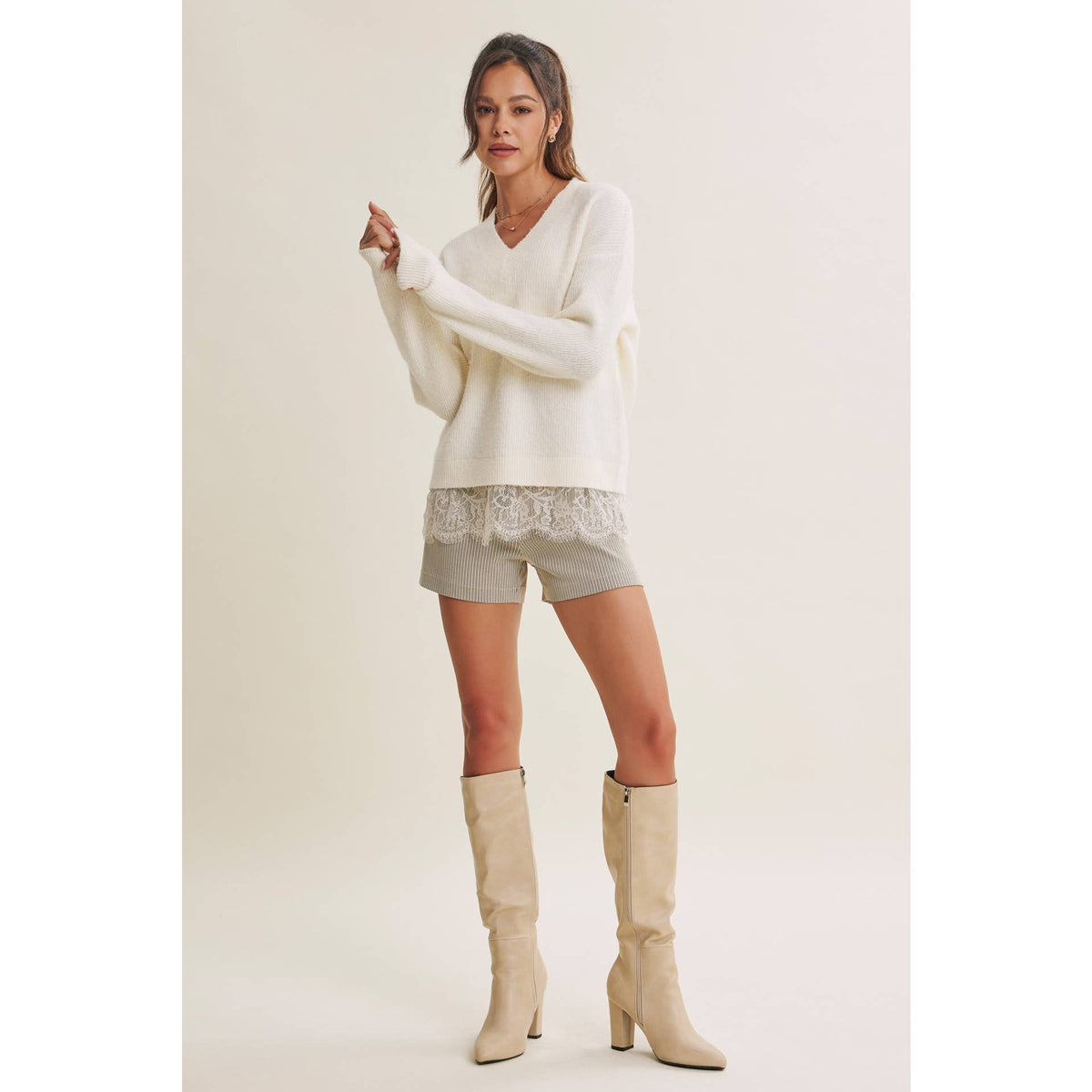 WINTER GARDEN EYELASH LACE TRIM BRUSHED SWEATER TOP