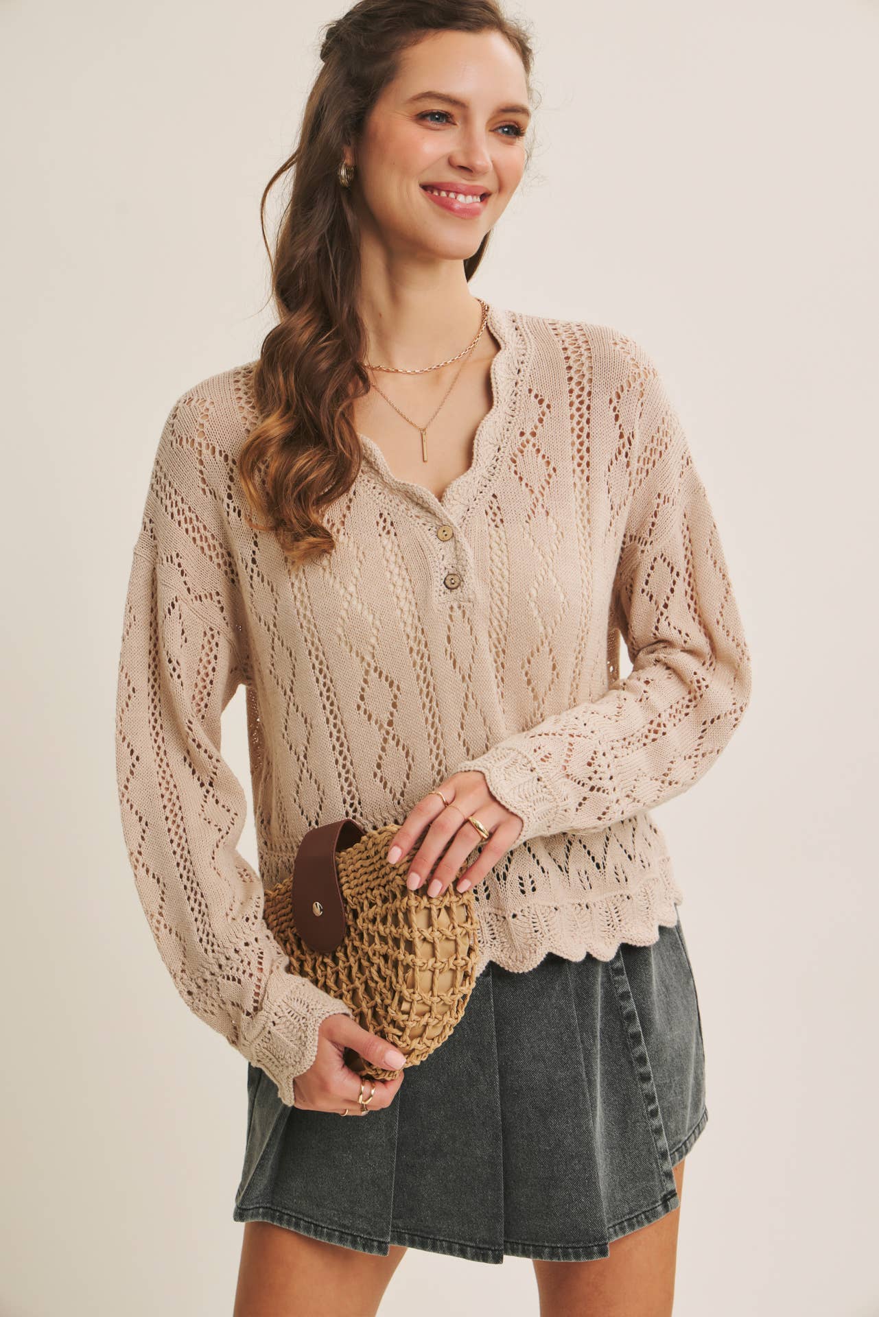 LAYERING VERSATILITY CROCHET SWEATER TOP WITH SCALLOP EDGES