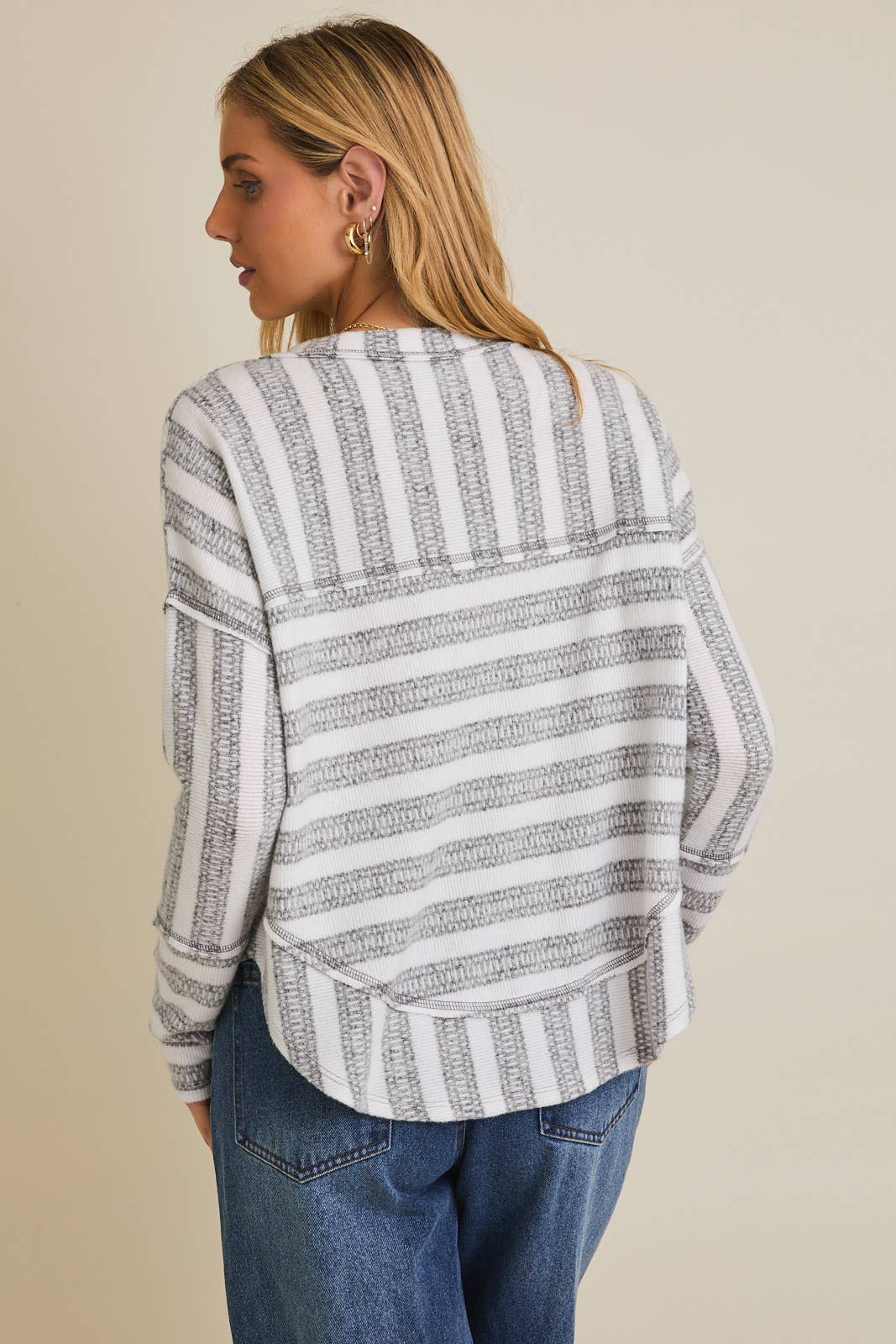 PLUS LONG SLEEVE BUTTON DOWN RAW EDGE STRIPE TOP