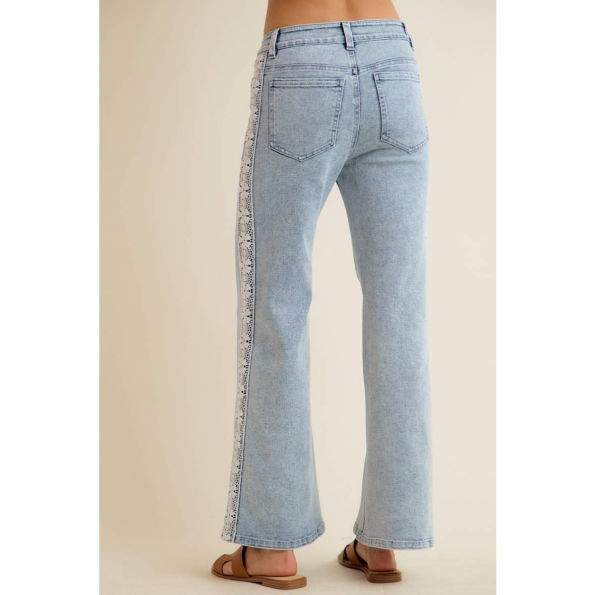 WIDE LEG FLARE DENIM JEANS WITH SIDE LACE TRIM