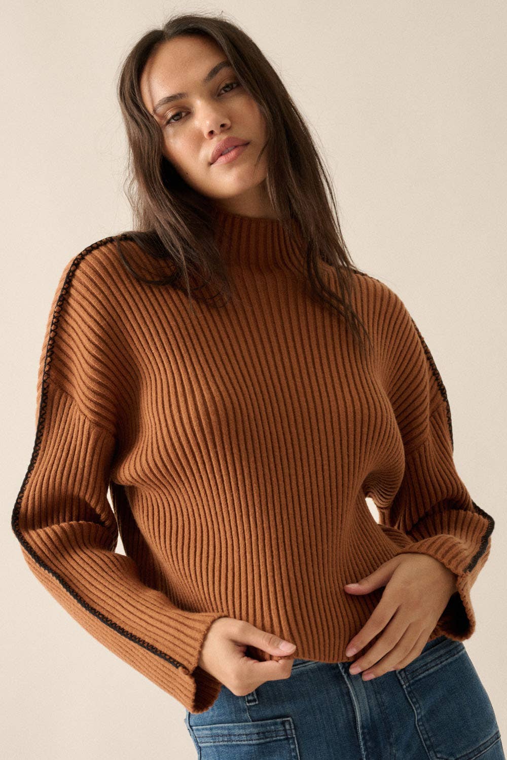 Solid High Neck Rib Knit Expose Seam Sweater
