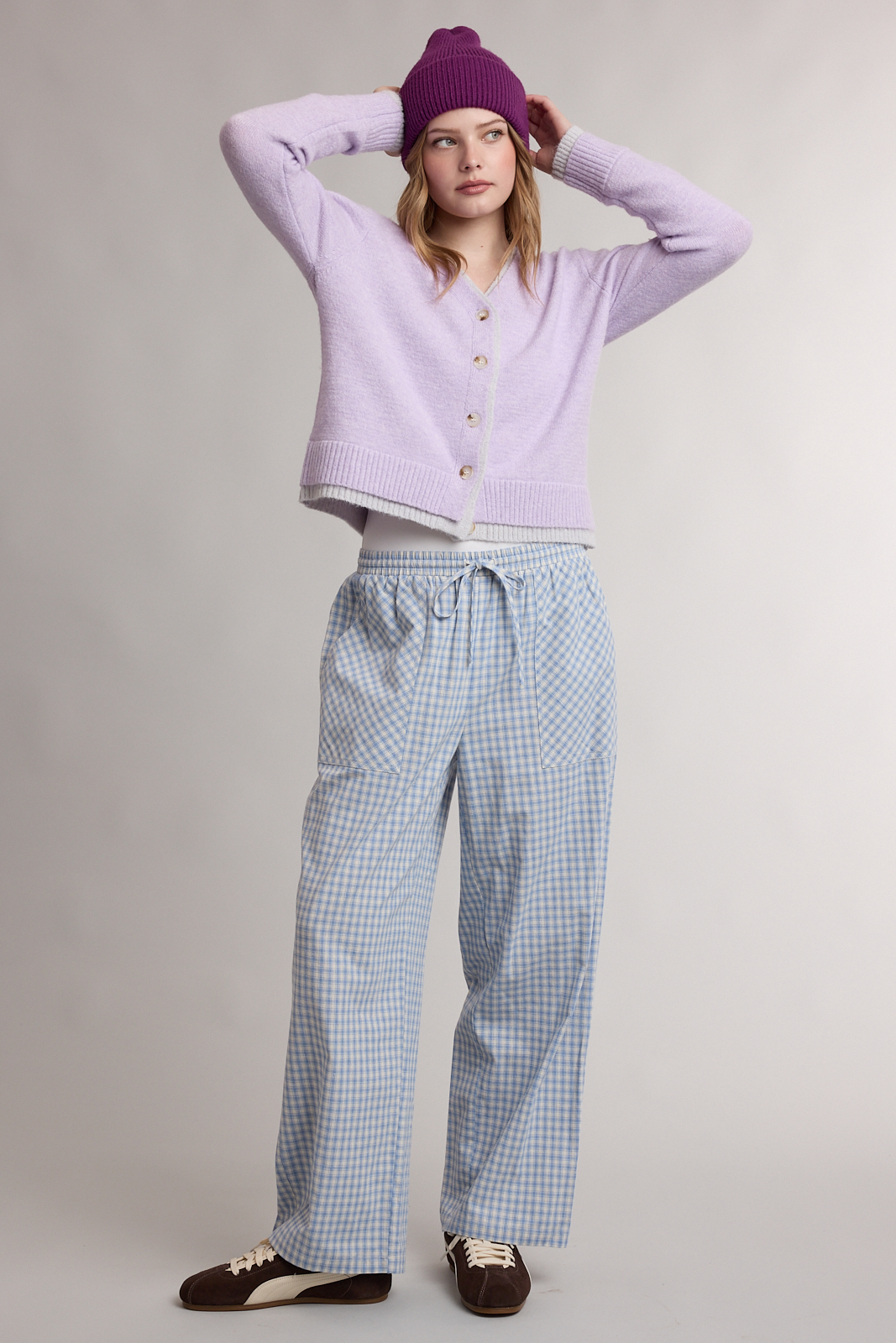 PLAID PATCH POCKET WIDE LEG PANTS