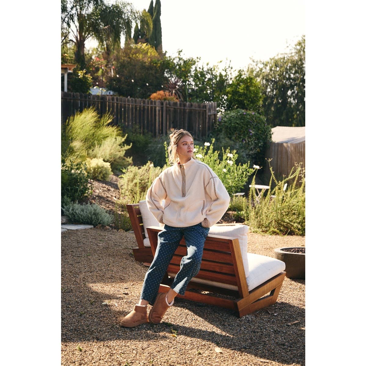 GINGHAM TRIM SHERPA FLEECE HALF-ZIP PULLOVER
