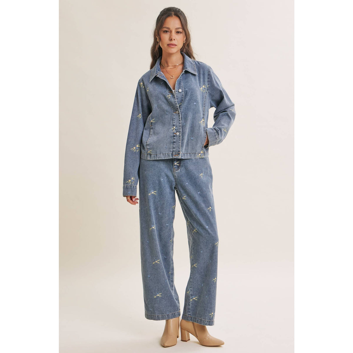 SUNDAY WILDFLOWERS EASY FIT EMBROIDERED DENIM JACKET