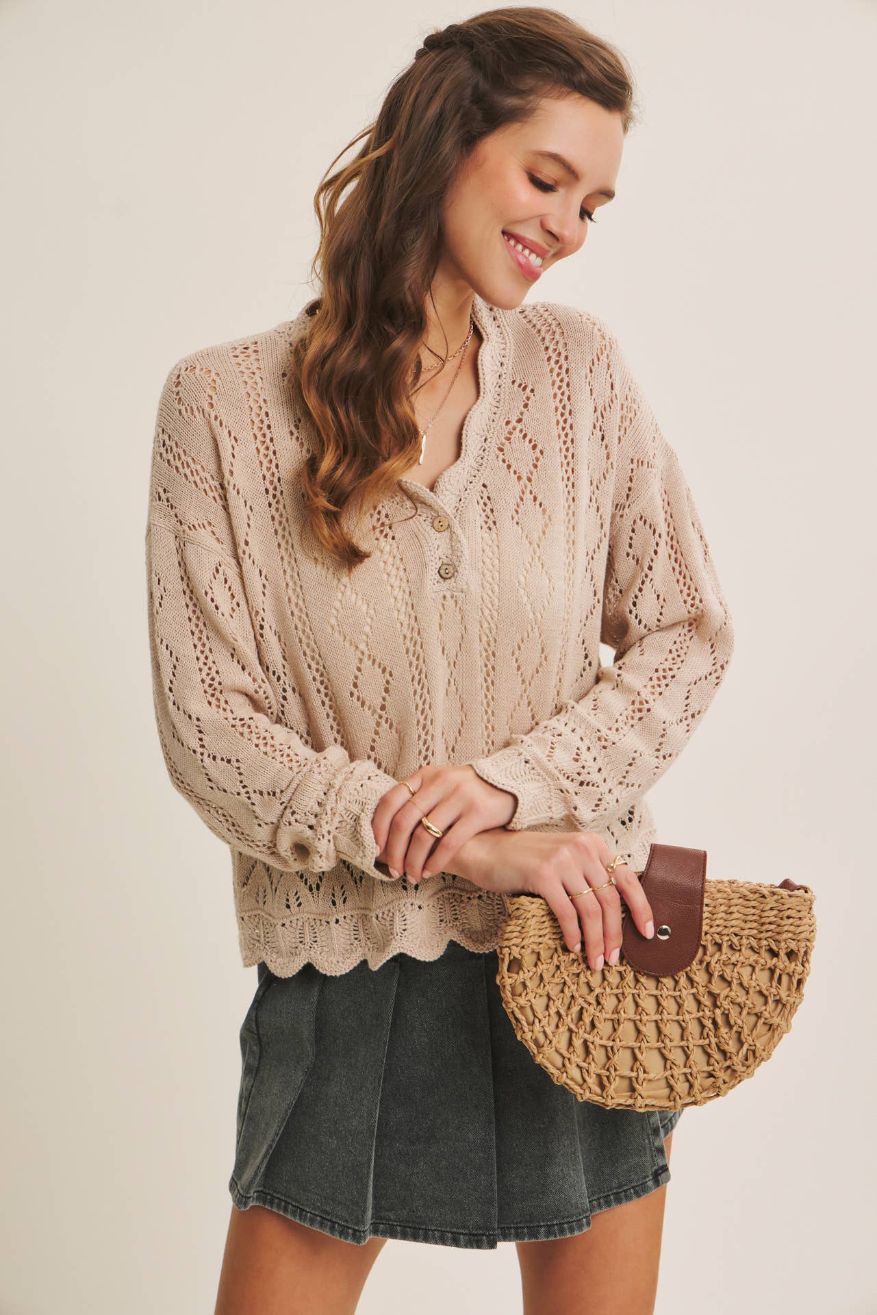LAYERING VERSATILITY CROCHET SWEATER TOP WITH SCALLOP EDGES
