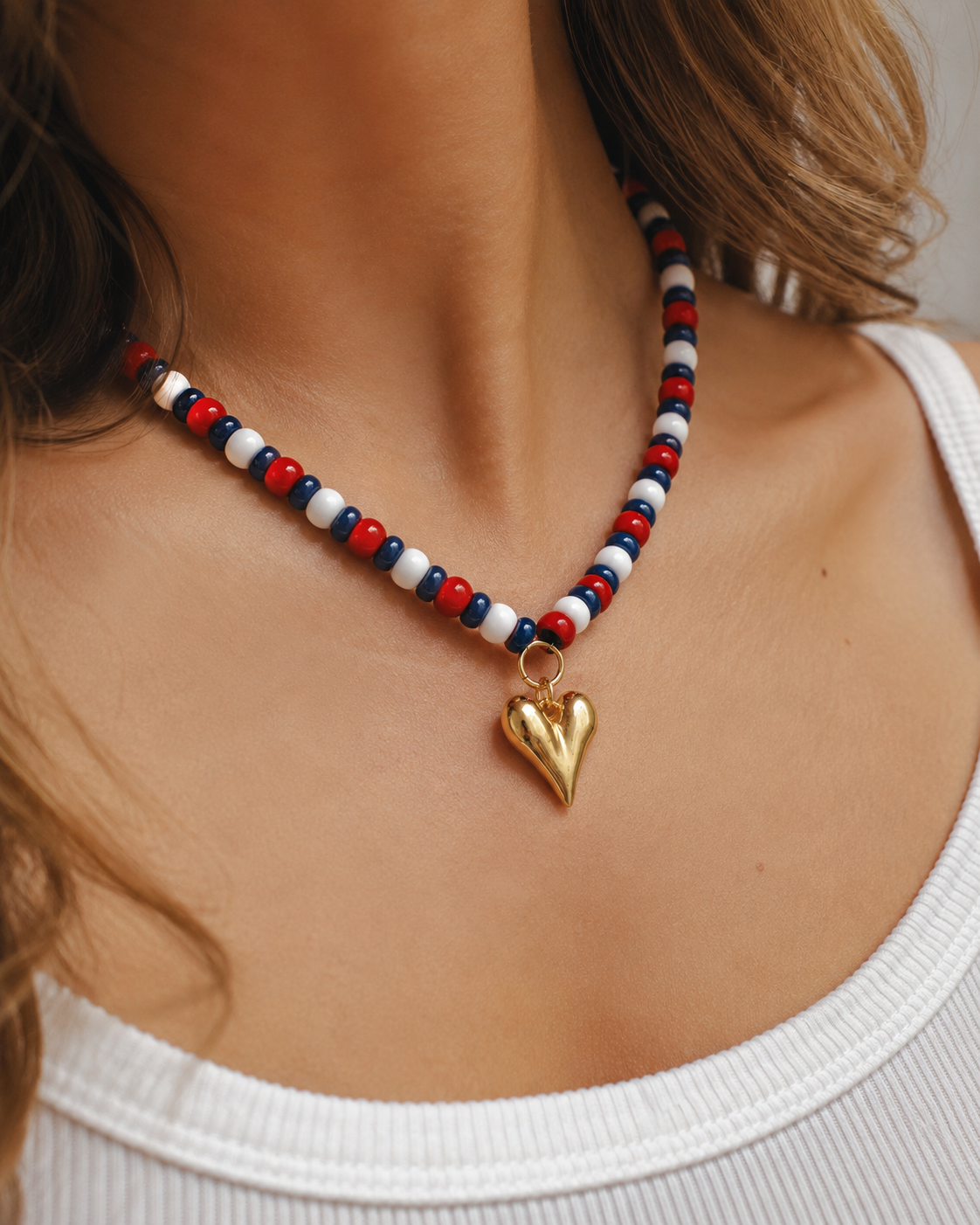 Americana Marble Bead Heart Pendant Necklace
