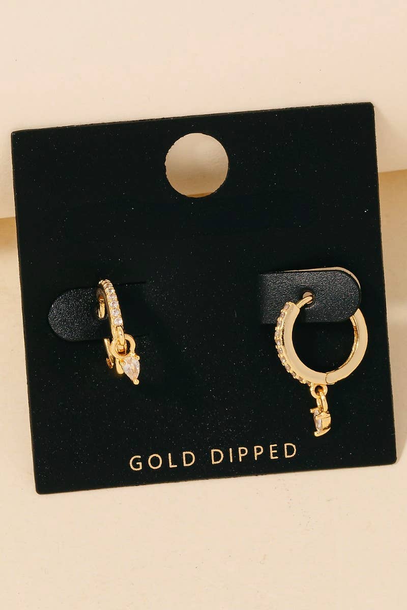 Gold Dipped Mini Cz Charm And Pave Hoop Earrings
