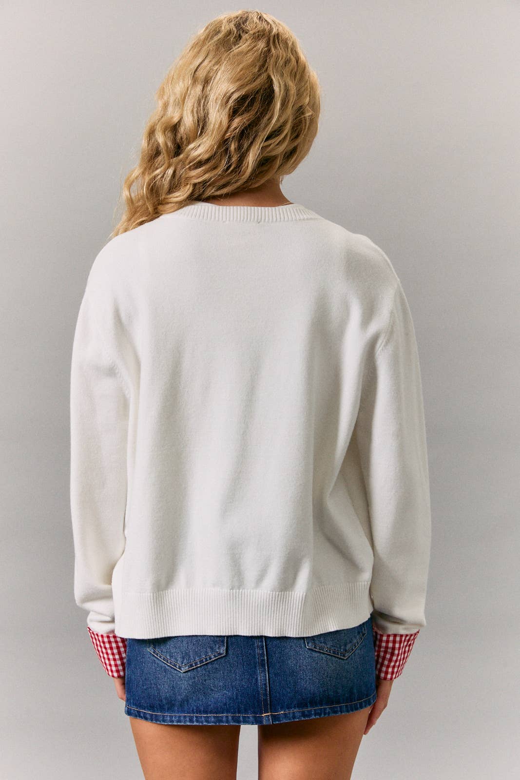 GINGHAM DETAIL KNIT SWEATER CARDIGAN